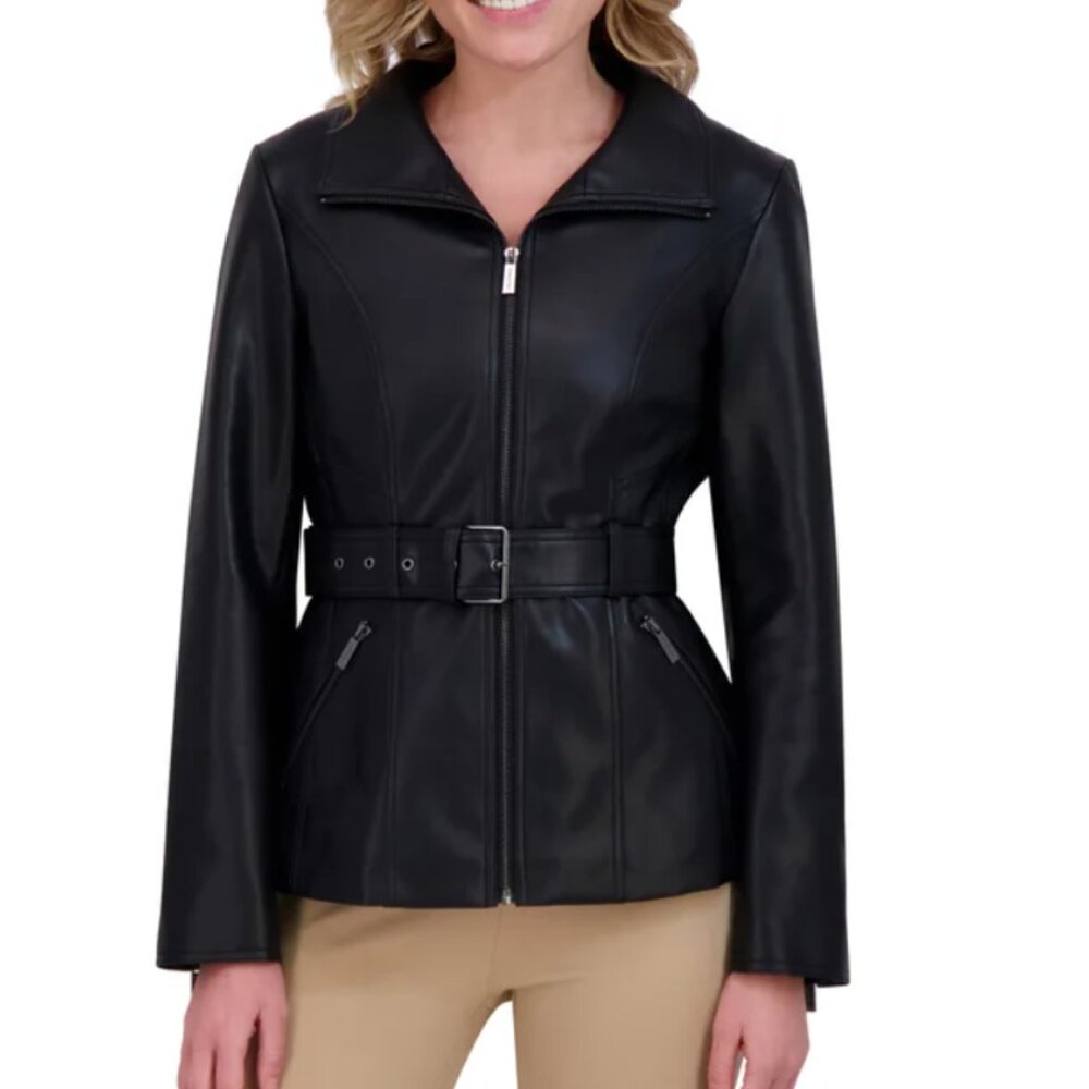 NWT! Women's Kenneth Cole Belted Faux Leather Jacket - Black, S, M, L